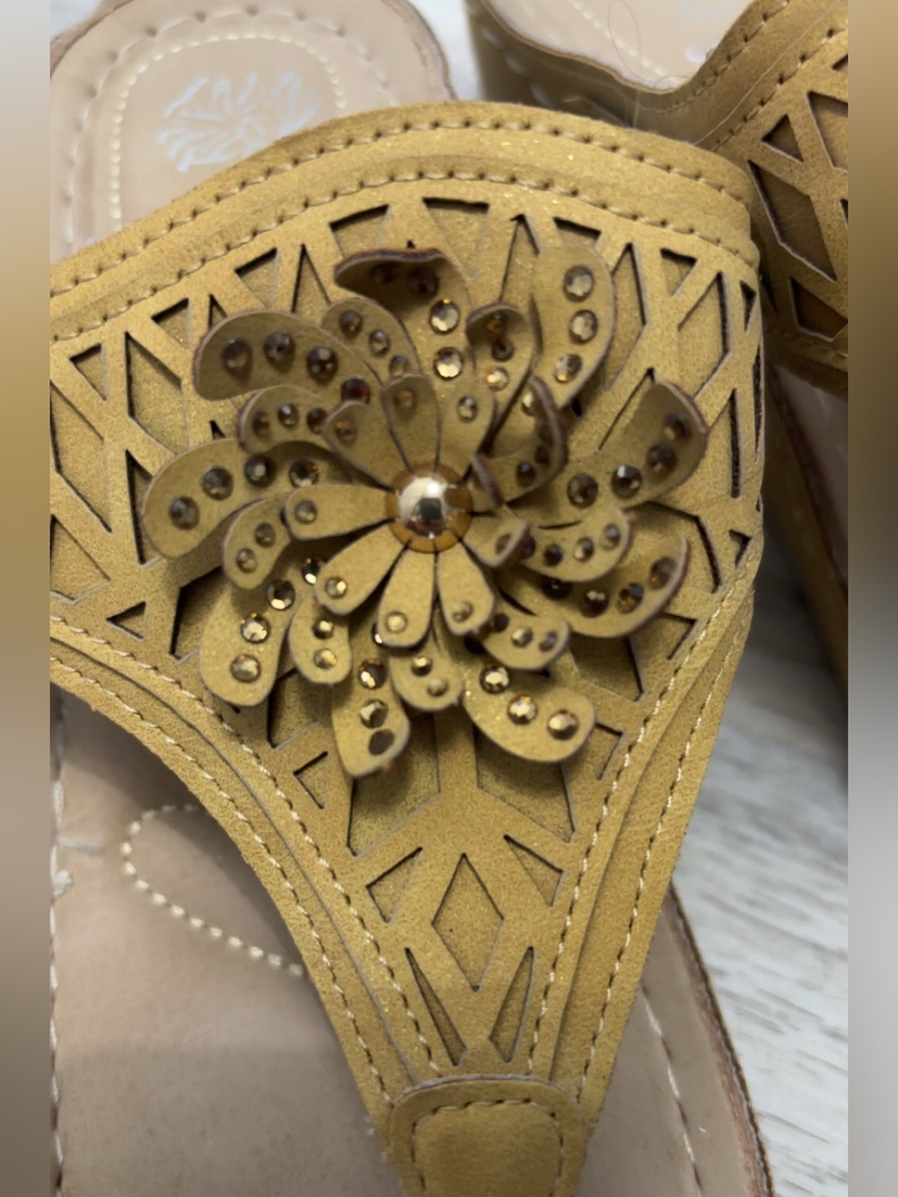 Women's Mustard Floral Cutout Thong Sandals